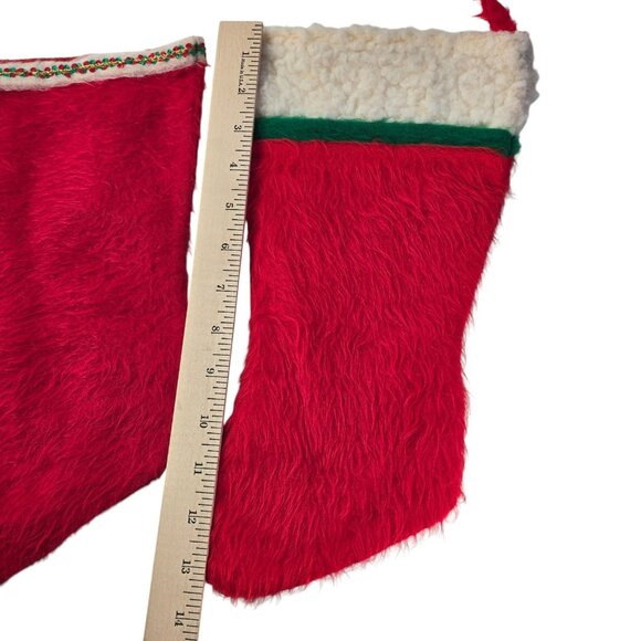 Vintage 60s 70s Red Fuzzy Christmas Stockings Set of 2 Sherpa & Trimmed Cuff MCM - Picture 5 of 7